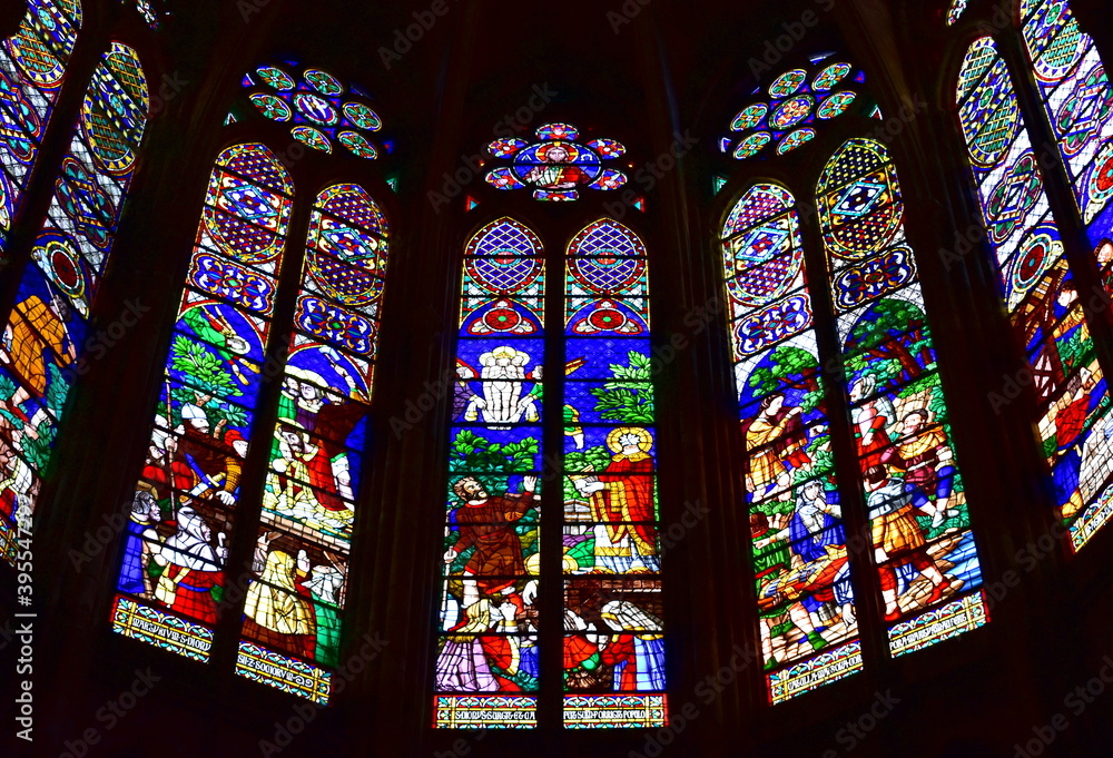 Apse stained glass windows at Basilique Royale de Saint-Denis. Paris, France.