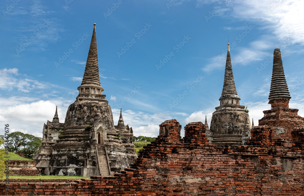 World Heritage Site at Wat Phra Si Sanphet. Ancient city and historical place at Ayutthaya, Thailand, The Ruin of temple. Selective focus.