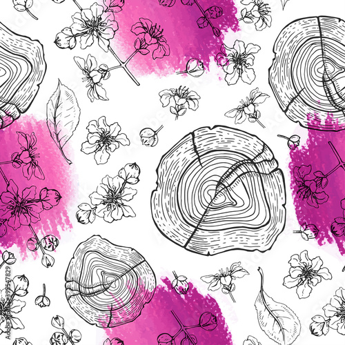 Seamless Pattern with cut of a Rosewood and twigs with flowers and buds . Detailed hand-drawn sketches, vector botanical illustration.