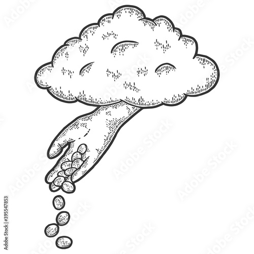 Hand of God is pouring coins from sky. Engraving vector illustration.