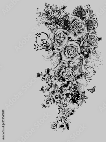 black and white floral background with swirls 