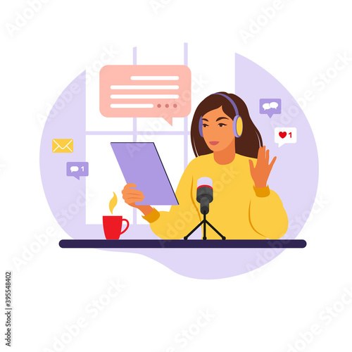 Female podcaster talking to microphone recording podcast in studio. Radio host with table flat vector illustration.