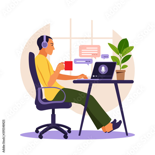 A male in headphones and listens to a podcast about education on his laptop. Podcast vector illustration.
