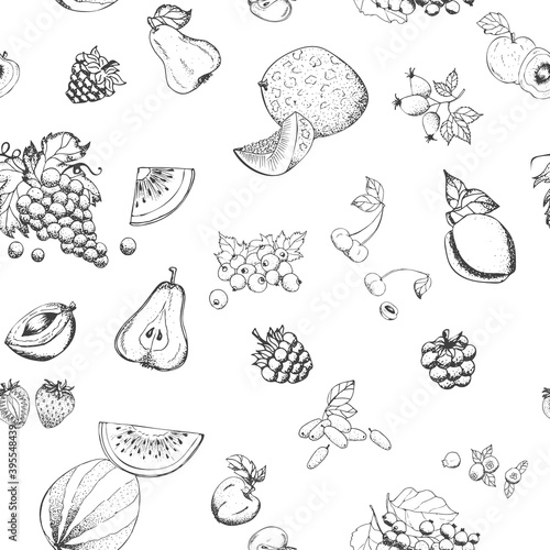 Fototapeta Naklejka Na Ścianę i Meble -  Vector fruits pattern. Vintage fruits seamless background