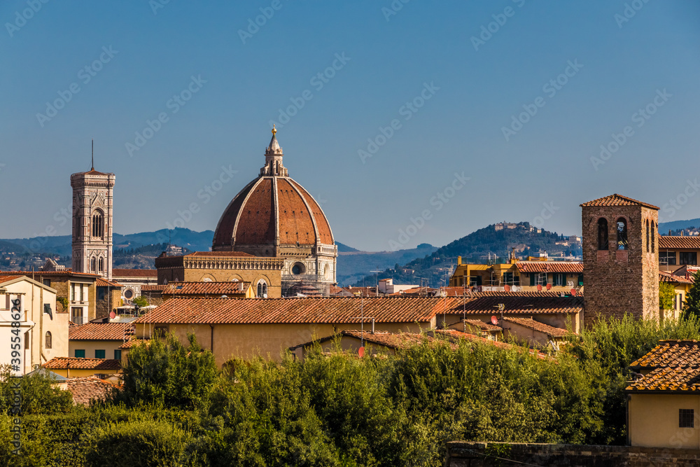 Beautiful panoramic rooftop view from Boboli Gardens of Florence with the Giotto's bell tower and the Duomo. In the background are the typical Tuscan hills and valleys on a sunny day with blue sky.