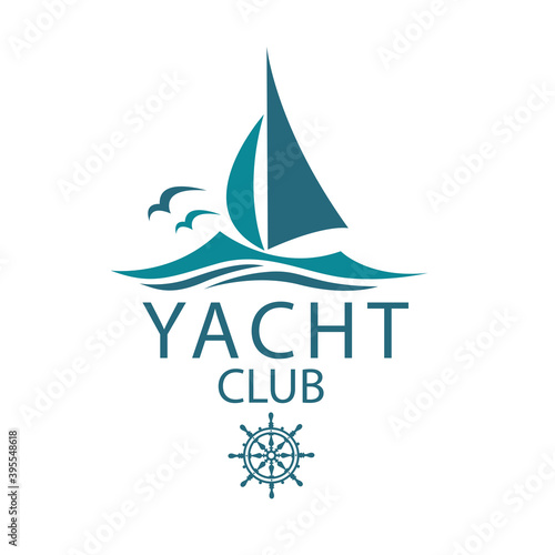 yacht icons with sea waves and seagulls isolated on white background