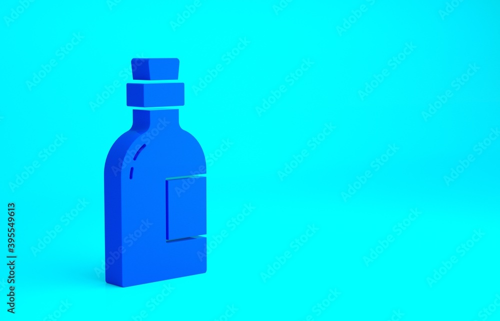 Blue Alcohol drink Rum bottle icon isolated on blue background. Minimalism concept. 3d illustration 3D render. Blue Alcohol drink Rum bottle icon isolated on blue background. Minimalism concept. 3d illustration 3D render.