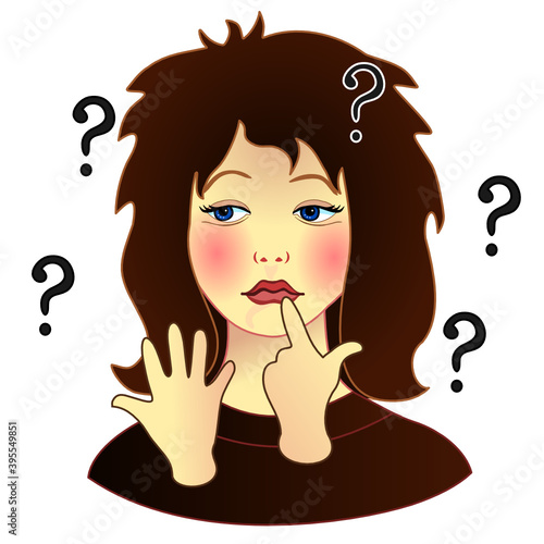 emoji with a girl who, with his whole appearance, shows that he cannot count, emoticon on a white isolated background with question marks