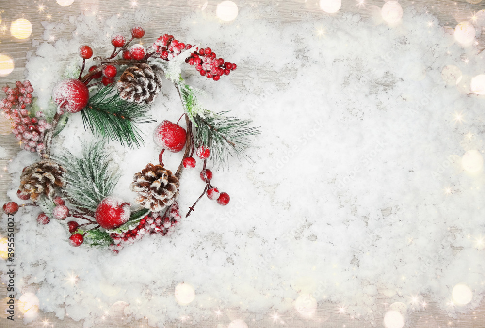 Fototapeta premium winter background with fir branches cones and snow