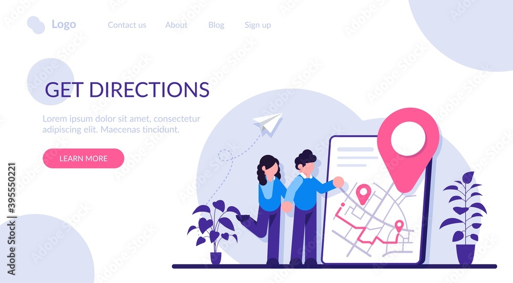 Get directions concept. Banner with the received direction. Concept of getting a route to reach your destination. Modern flat illustration. Get directions concept. Banner with the received direction. Concept of getting a route to reach your destination. Modern flat illustration.