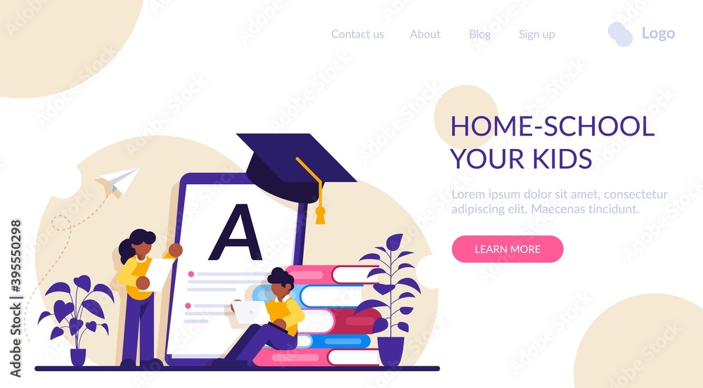 Home-school your kids concept. Children at home with tutor or parent getting education, tiny people. Home schooling, home education plan, homeschooling online tutor. Modern flat illustration. Home-school your kids concept. Children at home with tutor or parent getting education, tiny people. Home schooling, home education plan, homeschooling online tutor. Modern flat illustration.