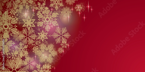 Gold winter snowflakes on red background - Merry Christmas and winter snow design banner