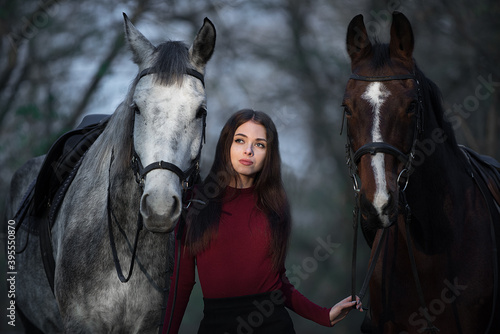 beautiful girl with brown and gray horses in the autumn forest © Виктория Литовская