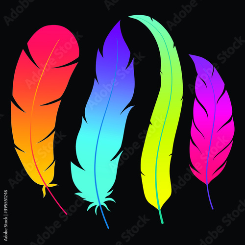Bright colored bird feathers collection. Neon gradient fill elegant feather. Orange, pink, blue, violet, green, yellow colors. Colorful set of feathers