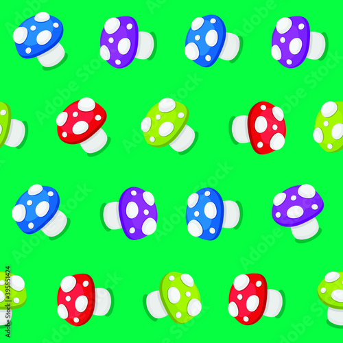 Vector seamless pattern with colourful amanita mushrooms. Repeat background with cute cartoon mushrooms.