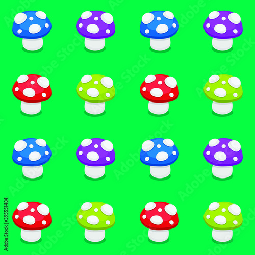 Vector seamless pattern with colourful amanita mushrooms. Repeat background with cute cartoon mushrooms.