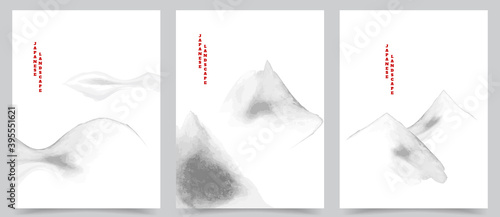 Vector illustration. Minimalist watercolor ink landscapes set. Traditional oriental painting. Japanese decorative art. Design elements for poster, book cover, brochure, magazine, flyer, booklet