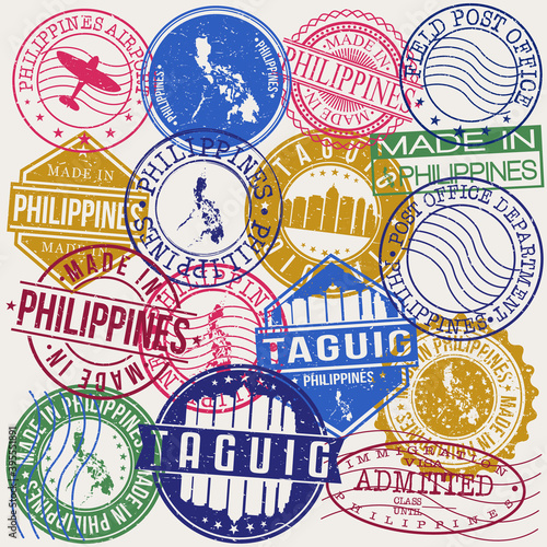 Taguig Philippines Set of Stamps. Travel Stamp. Made In Product. Design Seals Old Style Insignia.