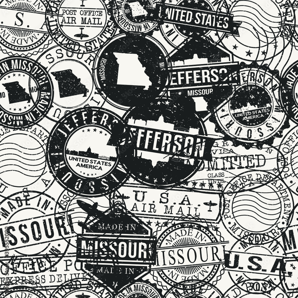 Jefferson City, MO, USA Stamps Background. A City Stamp Vector Art. Set of Postal Passport Travel. Design Set Pattern. Jefferson City, MO, USA Stamps Background. A City Stamp Vector Art. Set of Postal Passport Travel. Design Set Pattern.