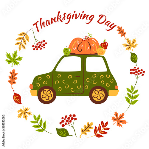Green car with pumpkin pie and apples. Festive illustration for Thanksgiving Day. Greeting card. Vector. Isolated on a white background. Flat design with an ornate pattern.