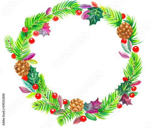 Fototapeta Naklejka Na Ścianę i Meble -  Watercolor colorful christmas wreath with, cones,berries, leaves and branches tree. White background