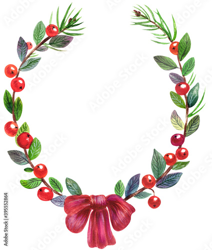 Watercolor colorful christmas wreath with, cones, fruits, berries, leaves, holiday bow and branches tree. White background