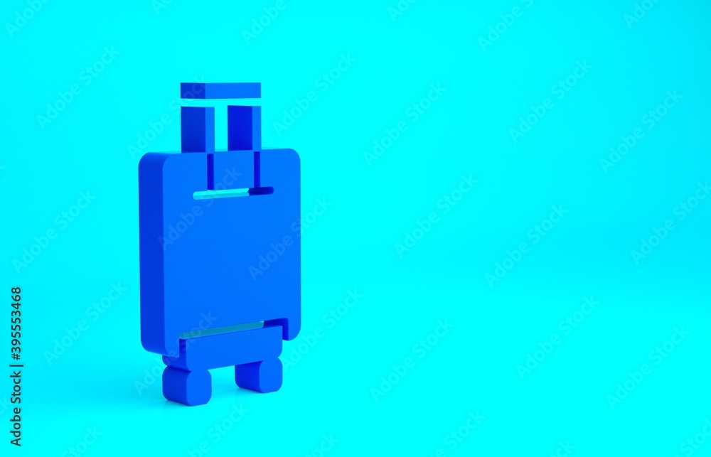 Blue Suitcase for travel icon isolated on blue background. Traveling baggage sign. Travel luggage icon. Minimalism concept. 3d illustration 3D render. Blue Suitcase for travel icon isolated on blue background. Traveling baggage sign. Travel luggage icon. Minimalism concept. 3d illustration 3D render.