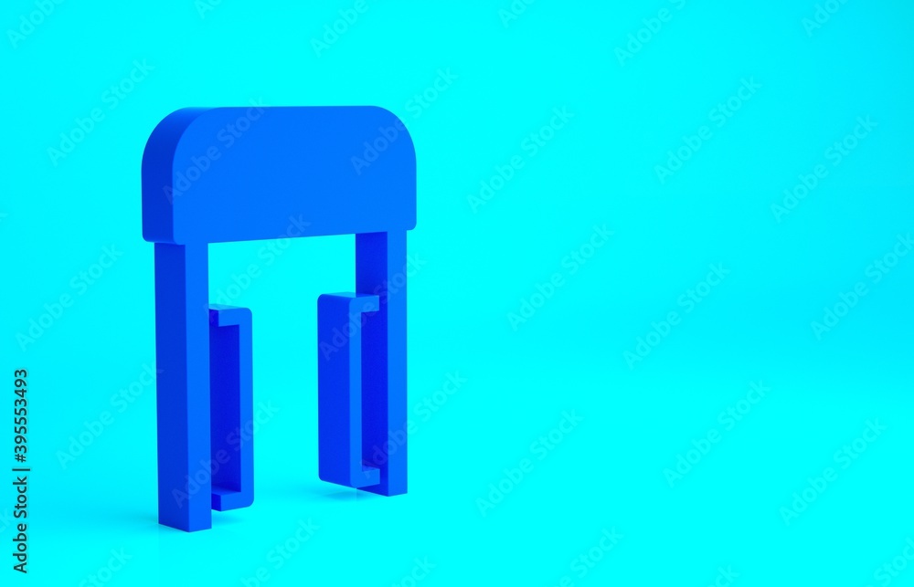 Blue Metal detector in airport icon isolated on blue background. Airport security guard on metal detector check point. Minimalism concept. 3d illustration 3D render. Blue Metal detector in airport icon isolated on blue background. Airport security guard on metal detector check point. Minimalism concept. 3d illustration 3D render.