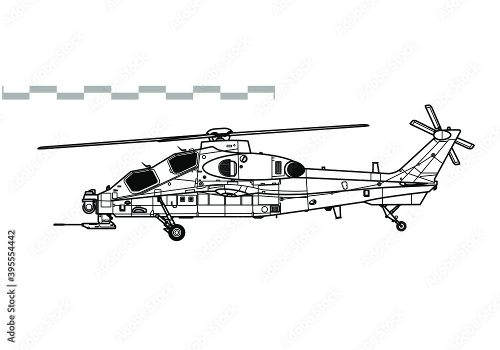 CAIC Z-10, WZ-10 Fierce Thunderbolt. Vector drawing of attack helicopter. Side view. Image for illustration and infographics. CAIC Z-10, WZ-10 Fierce Thunderbolt. Vector drawing of attack helicopter. Side view. Image for illustration and infographics.