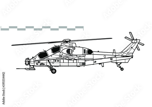 CAIC Z-10, WZ-10 Fierce Thunderbolt. Vector drawing of attack helicopter. Side view. Image for illustration and infographics.