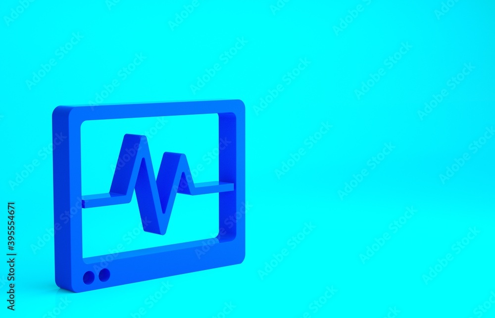 Blue Computer monitor with cardiogram icon isolated on blue background. Monitoring icon. ECG monitor with heart beat hand drawn. Minimalism concept. 3d illustration 3D render.