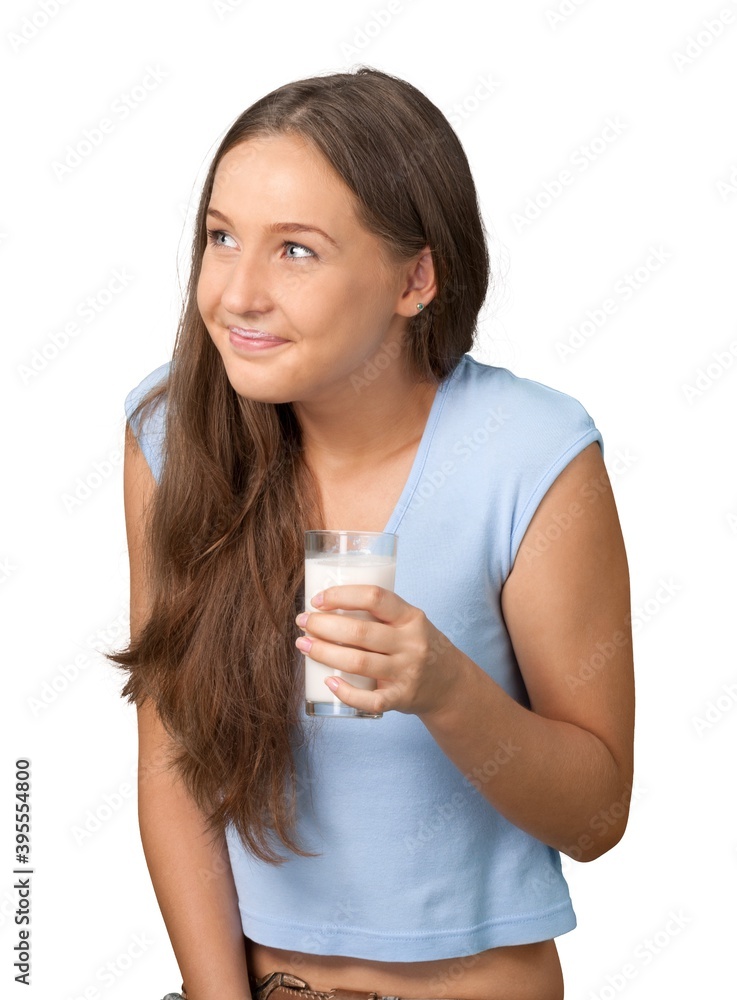 Young girl drink milk on white background Young girl drink milk on white background