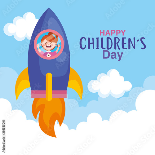 Happy childrens day with girl in rocket design, International celebration theme Vector illustration