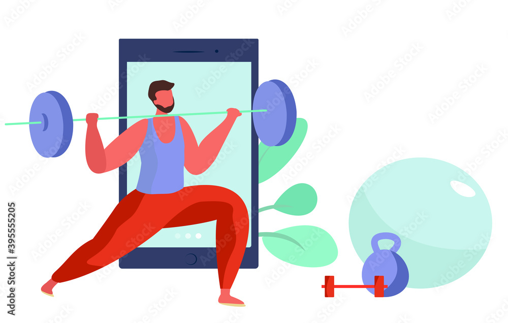 Character Doing Sports Online at Home with Barbell,Ball and Dumbbells During Quarantine.Online Fitness Training, Sports Activity,Gym on Phone by Application.Equipment for Sport.Vector Illustration Character Doing Sports Online at Home with Barbell,Ball and Dumbbells During Quarantine.Online Fitness Training, Sports Activity,Gym on Phone by Application.Equipment for Sport.Vector Illustration