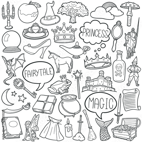 Fairytale doodle icon set. Magic Fantasy Vector illustration collection. Princess Banner Hand drawn Line art style.