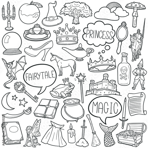 Fairytale doodle icon set. Magic Fantasy  Vector illustration collection. Princess Banner Hand drawn Line art style.