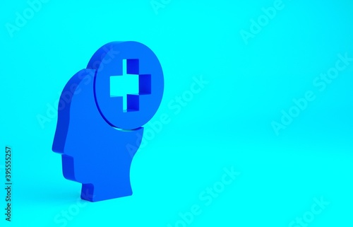 Blue Male head with hospital icon isolated on blue background. Head with mental health, healthcare and medical sign. Minimalism concept. 3d illustration 3D render. photo