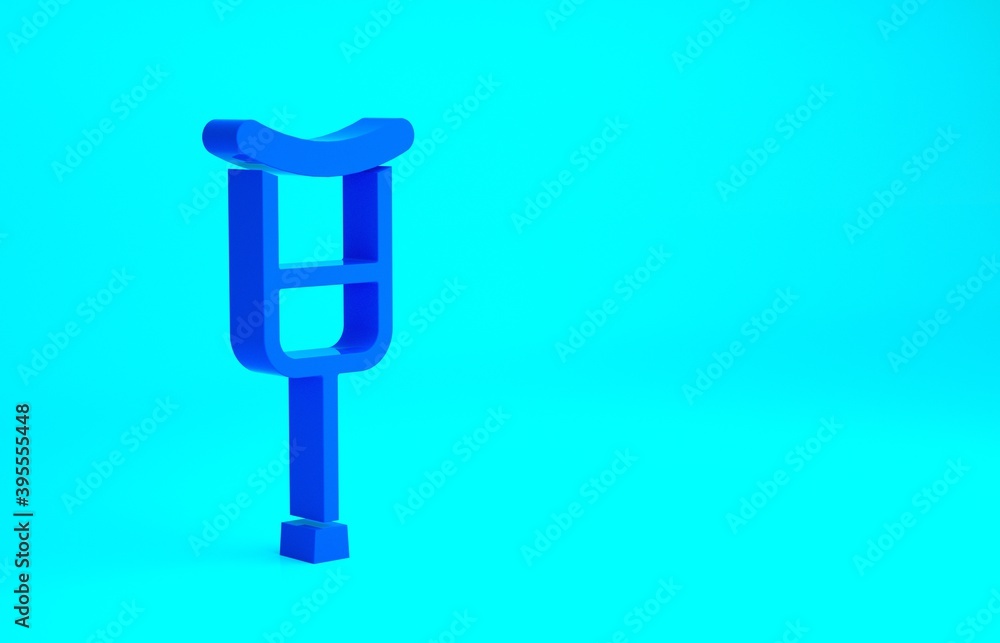 Blue Crutch or crutches icon isolated on blue background. Equipment for rehabilitation of people with diseases of musculoskeletal system. Minimalism concept. 3d illustration 3D render. Blue Crutch or crutches icon isolated on blue background. Equipment for rehabilitation of people with diseases of musculoskeletal system. Minimalism concept. 3d illustration 3D render.