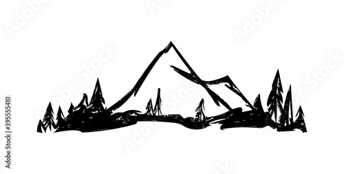 Vector Hand drawn mountains. Peaks with pine forest on white background.