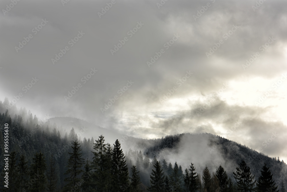 Winter view of mountains overgrown with forest in white frost in the fog. Vintage style. Winter view of mountains overgrown with forest in white frost in the fog. Vintage style.