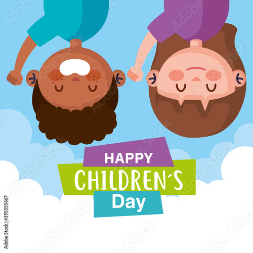 Happy childrens day with boy and girl cartoons design, International celebration theme Vector illustration