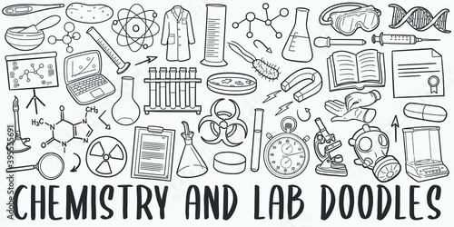 Chemistry doodle icon set. Laboratory Doctor Style Vector illustration collection. Banner Hand drawn Line art style.