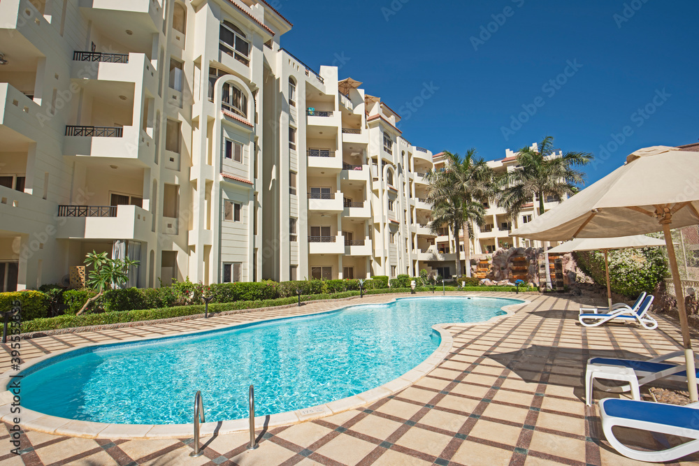 Swimming pool in a luxury tropical hotel resort