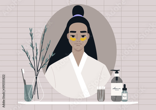 Cosmetology facial treatment, a young female Asian character applying hydrating patches under their eyes, daily skin routine