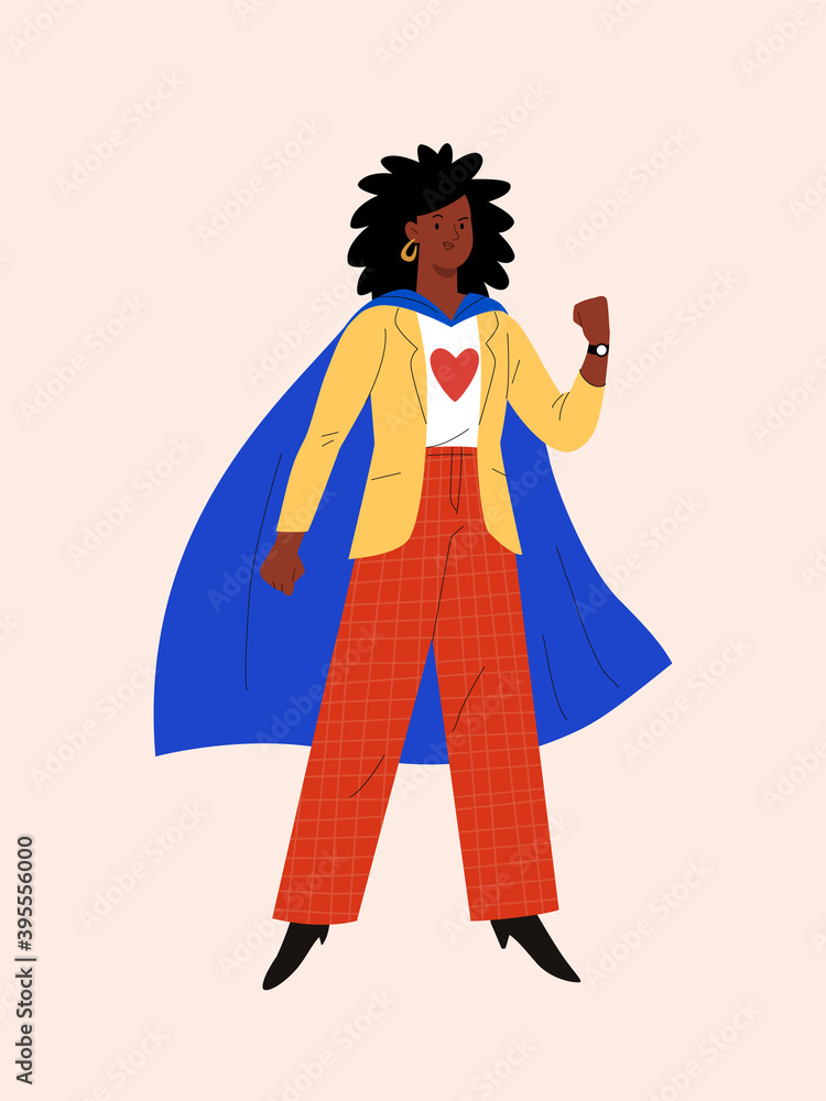 Woman is a hero. Vector illustration in flat style of an ordinary African American woman in casual clothes and blue cape. Isolated on background