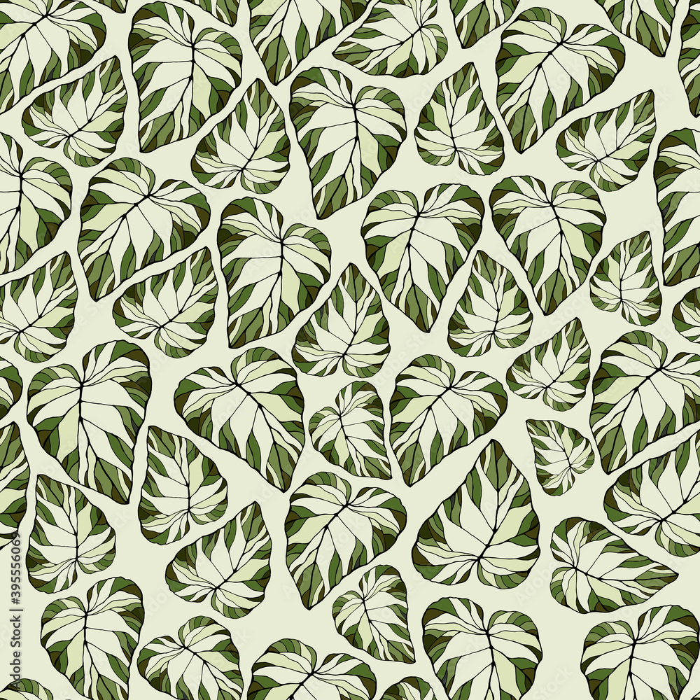 Seamless pattern with bright caladium leaves. The leaves of the caladium plant. Hand drawn elegance vector illustration for natural design. Hand drawn big set of calladium leaves.