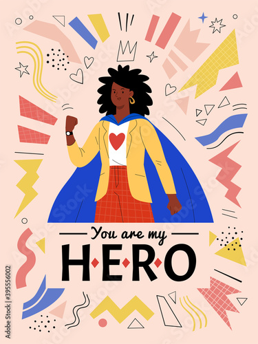 You are my hero. Vector illustration in modern flat style of an ordinary African American woman in casual clothes and blue cape. Isolated on abstract background