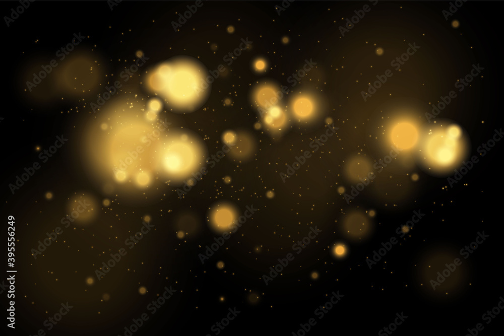 Magic golden concept. Abstract black background with bokeh effect.