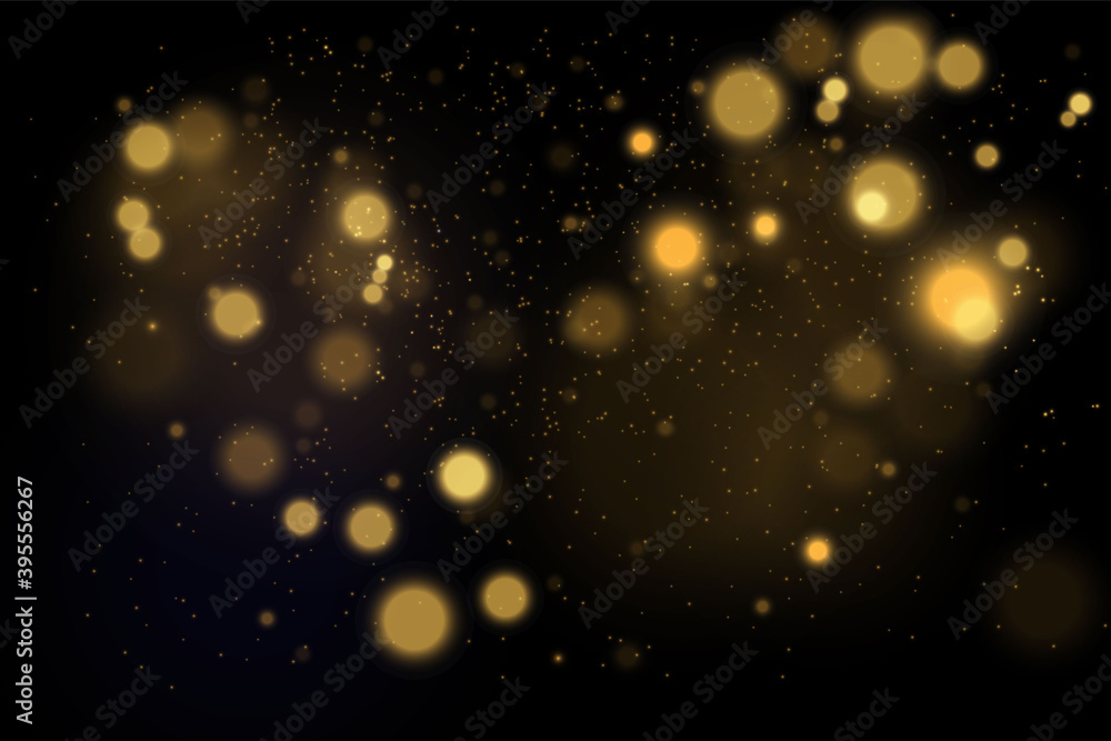 Magic golden concept. Abstract black background with bokeh effect.