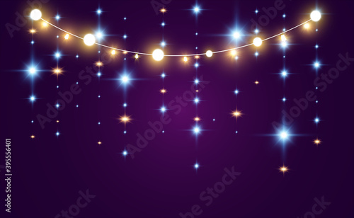Fototapeta Naklejka Na Ścianę i Meble -  Christmas bright, beautiful lights, design elements. Glowing lights for design of Xmas greeting cards. Garlands, light Christmas decorations.